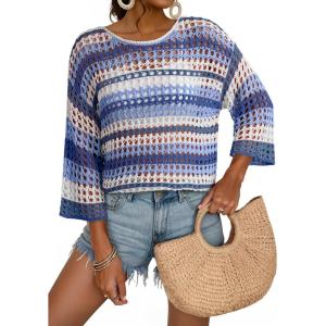 imageDokotoo Womens Spring Summer 34 Sleeve Crochet Sweater Hollow Out Color Block Striped Tops Casual Beach Vacation Cover UpsAshleigh Blue