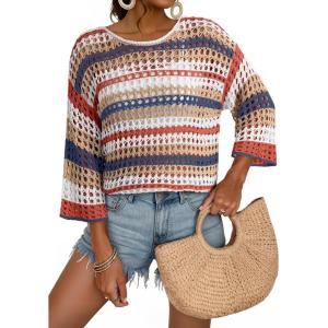 imageDokotoo Womens Spring Summer 34 Sleeve Crochet Sweater Hollow Out Color Block Striped Tops Casual Beach Vacation Cover UpsBeige