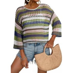 imageDokotoo Womens Spring Summer 34 Sleeve Crochet Sweater Hollow Out Color Block Striped Tops Casual Beach Vacation Cover UpsGreen