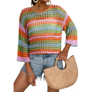 imageDokotoo Womens Spring Summer 34 Sleeve Crochet Sweater Hollow Out Color Block Striped Tops Casual Beach Vacation Cover UpsOrange