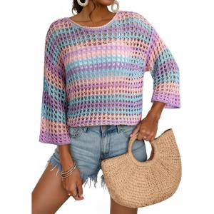 imageDokotoo Womens Spring Summer 34 Sleeve Crochet Sweater Hollow Out Color Block Striped Tops Casual Beach Vacation Cover UpsPurple