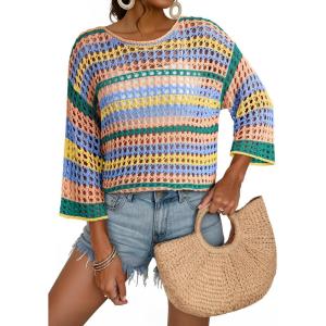 imageDokotoo Womens Spring Summer 34 Sleeve Crochet Sweater Hollow Out Color Block Striped Tops Casual Beach Vacation Cover UpsYellow