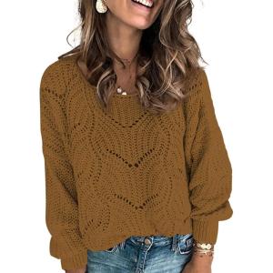 imageDokotoo Womens Sweaters 2025 Crewneck Cute Elegant Soft Long Sleeve Hollow Cable Knit Pullover TopsKhaki 2