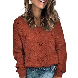 imageDokotoo Womens Sweaters 2025 Crewneck Cute Elegant Soft Long Sleeve Hollow Cable Knit Pullover TopsRed