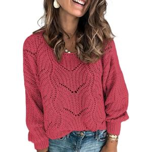 imageDokotoo Womens Sweaters 2025 Crewneck Cute Elegant Soft Long Sleeve Hollow Cable Knit Pullover TopsRose