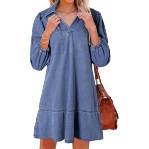 imageDokotoo Denim Dress for Women Summer Casual Babydoll 2026 V Neck 34 Puff Sleeve Jean DressesAshleigh Blue