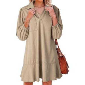 imageDokotoo Denim Dress for Women Summer Casual Babydoll 2026 V Neck 34 Puff Sleeve Jean DressesKhaki