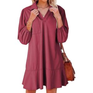 imageDokotoo Denim Dress for Women Summer Casual Babydoll 2026 V Neck 34 Puff Sleeve Jean DressesRed