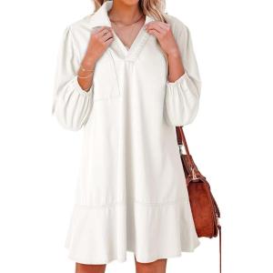 imageDokotoo Denim Dress for Women Summer Casual Babydoll 2026 V Neck 34 Puff Sleeve Jean DressesWhite