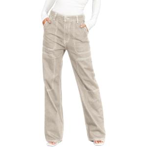 imageDokotoo Womens Casual Mid Waist Cargo Jeans Stretch Button Wide Leg Denim Pants with PocketsApricot