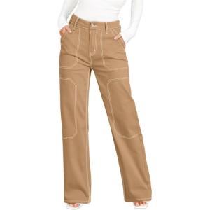 imageDokotoo Womens Casual Mid Waist Cargo Jeans Stretch Button Wide Leg Denim Pants with PocketsBkhaki