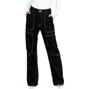 imageDokotoo Womens Casual Mid Waist Cargo Jeans Stretch Button Wide Leg Denim Pants with PocketsBlack