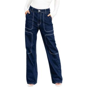 imageDokotoo Womens Casual Mid Waist Cargo Jeans Stretch Button Wide Leg Denim Pants with PocketsBlue