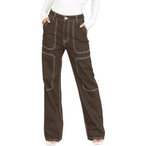 imageDokotoo Womens Casual Mid Waist Cargo Jeans Stretch Button Wide Leg Denim Pants with PocketsDesert Palm