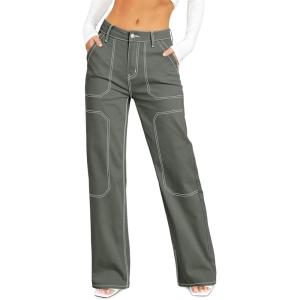 imageDokotoo Womens Casual Mid Waist Cargo Jeans Stretch Button Wide Leg Denim Pants with PocketsFour Leaf Clover