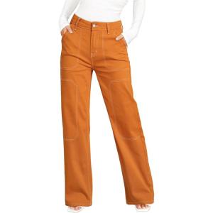 imageDokotoo Womens Casual Mid Waist Cargo Jeans Stretch Button Wide Leg Denim Pants with PocketsGold Flame