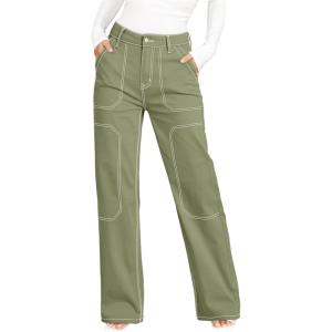 imageDokotoo Womens Casual Mid Waist Cargo Jeans Stretch Button Wide Leg Denim Pants with PocketsGrass Green