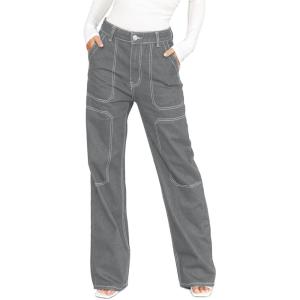 imageDokotoo Womens Casual Mid Waist Cargo Jeans Stretch Button Wide Leg Denim Pants with PocketsGray