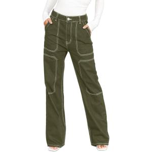 imageDokotoo Womens Casual Mid Waist Cargo Jeans Stretch Button Wide Leg Denim Pants with PocketsGreen