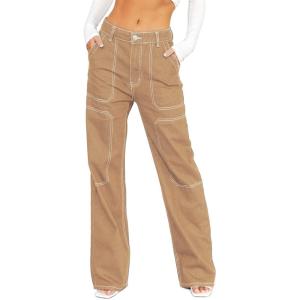 imageDokotoo Womens Casual Mid Waist Cargo Jeans Stretch Button Wide Leg Denim Pants with PocketsKhaki
