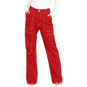 imageDokotoo Womens Casual Mid Waist Cargo Jeans Stretch Button Wide Leg Denim Pants with PocketsRed