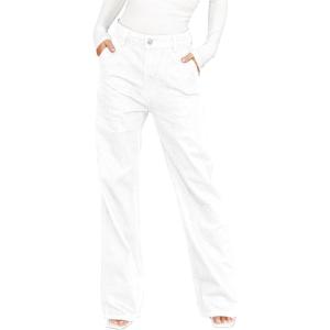 imageDokotoo Womens Casual Mid Waist Cargo Jeans Stretch Button Wide Leg Denim Pants with PocketsWhite