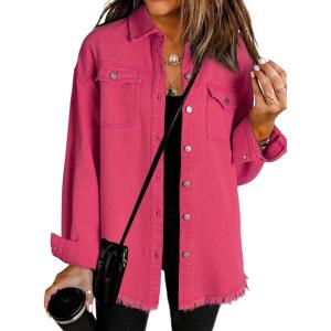 imageDokotoo Womens Oversized Denim Jacket Casual Long Sleeve Denim Shirts Distresse Jean JacketA Hot Pink