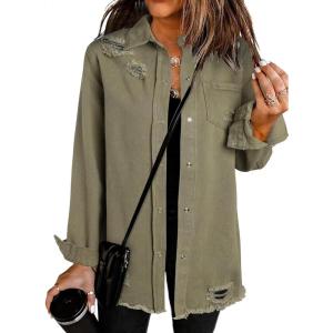 imageDokotoo Womens Oversized Denim Jacket Casual Long Sleeve Denim Shirts Distresse Jean JacketA1 Khaki