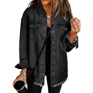 imageDokotoo Womens Oversized Denim Jacket Casual Long Sleeve Denim Shirts Distresse Jean JacketBlack