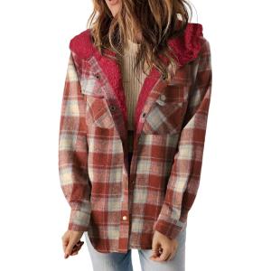 imageDokotoo Womens Plaid Shacket Jacket Long Sleeve Button Down Fleece Hooded Jackets Warm CoatRed