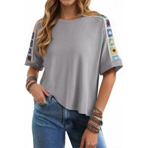 imageDokotoo Womens Shirts Casual 2026 Beach Trendy Casual Summer Oversize Tops Vacation Embroidered BlousesLight Grey