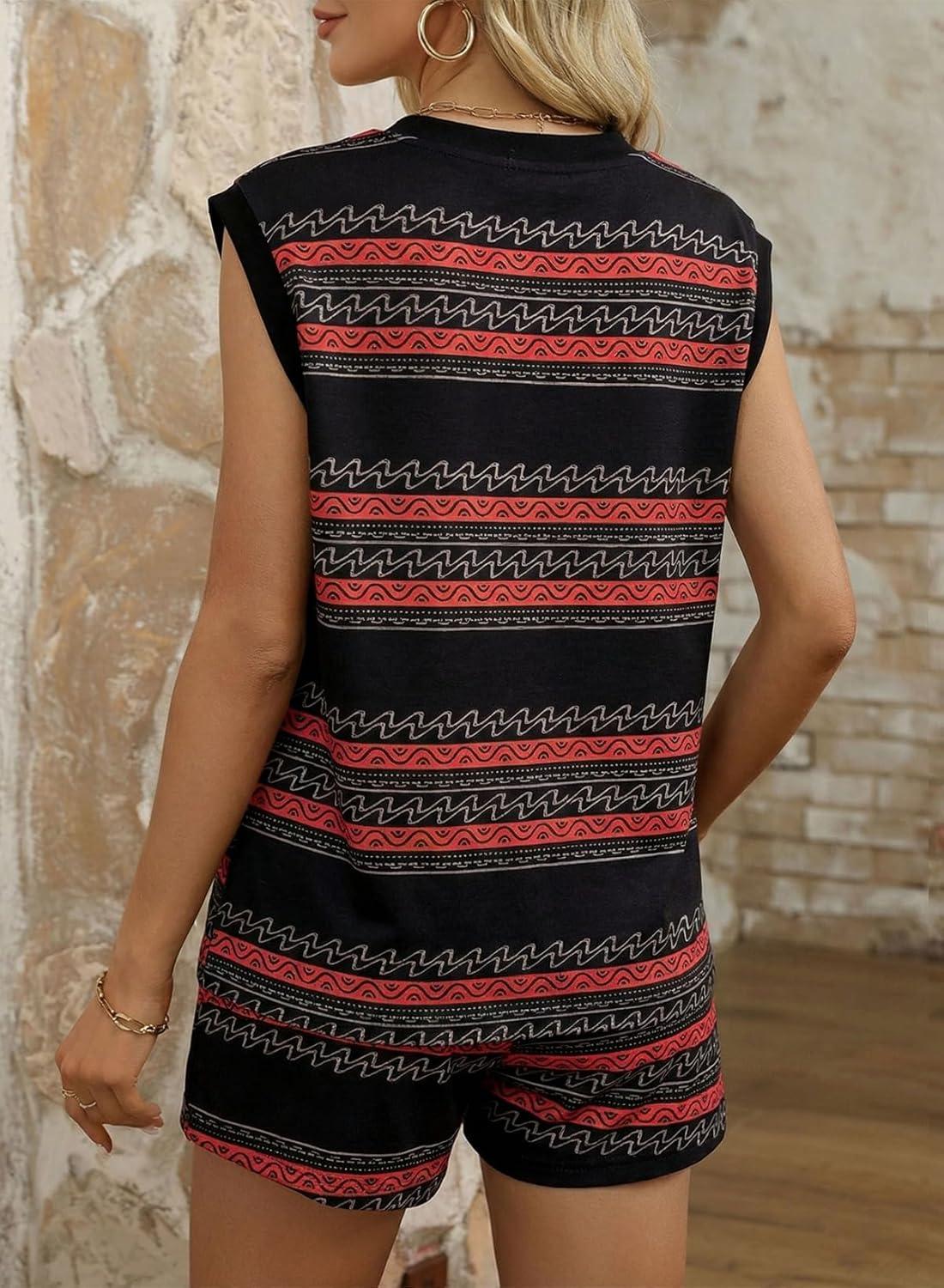 imageDokotoo 2 Piece Sets for Women Summer V Neck Sleeveless Top Tie Waist Shorts Striped Casual Outfits with PocketsBlack Stripe