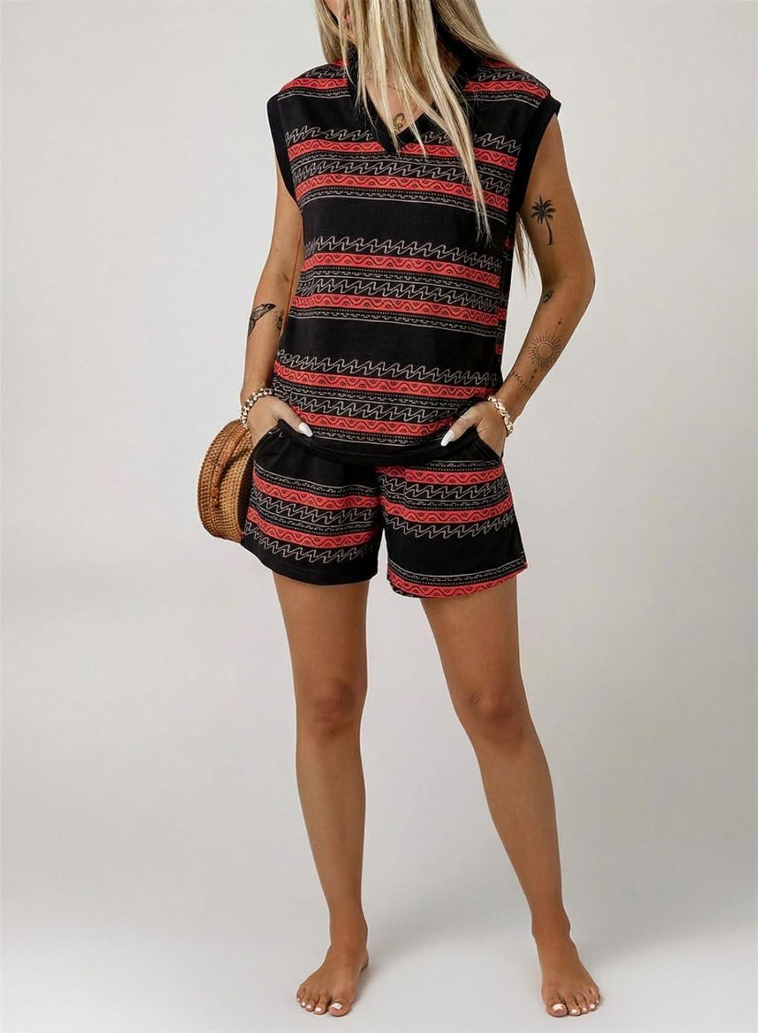 imageDokotoo 2 Piece Sets for Women Summer V Neck Sleeveless Top Tie Waist Shorts Striped Casual Outfits with PocketsBlack Stripe