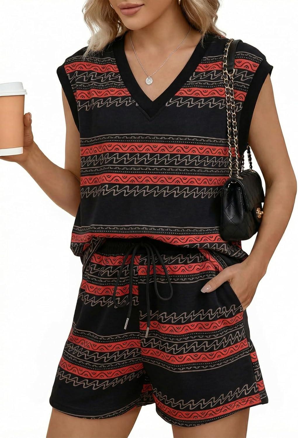 imageDokotoo 2 Piece Sets for Women Summer V Neck Sleeveless Top Tie Waist Shorts Striped Casual Outfits with PocketsBlack Stripe