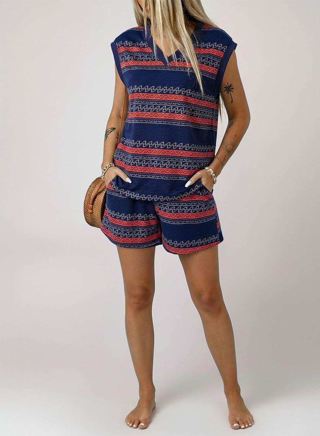 imageDokotoo 2 Piece Sets for Women Summer V Neck Sleeveless Top Tie Waist Shorts Striped Casual Outfits with PocketsBlue Stripe