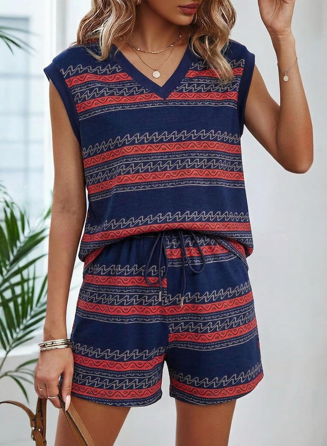 imageDokotoo 2 Piece Sets for Women Summer V Neck Sleeveless Top Tie Waist Shorts Striped Casual Outfits with PocketsBlue Stripe