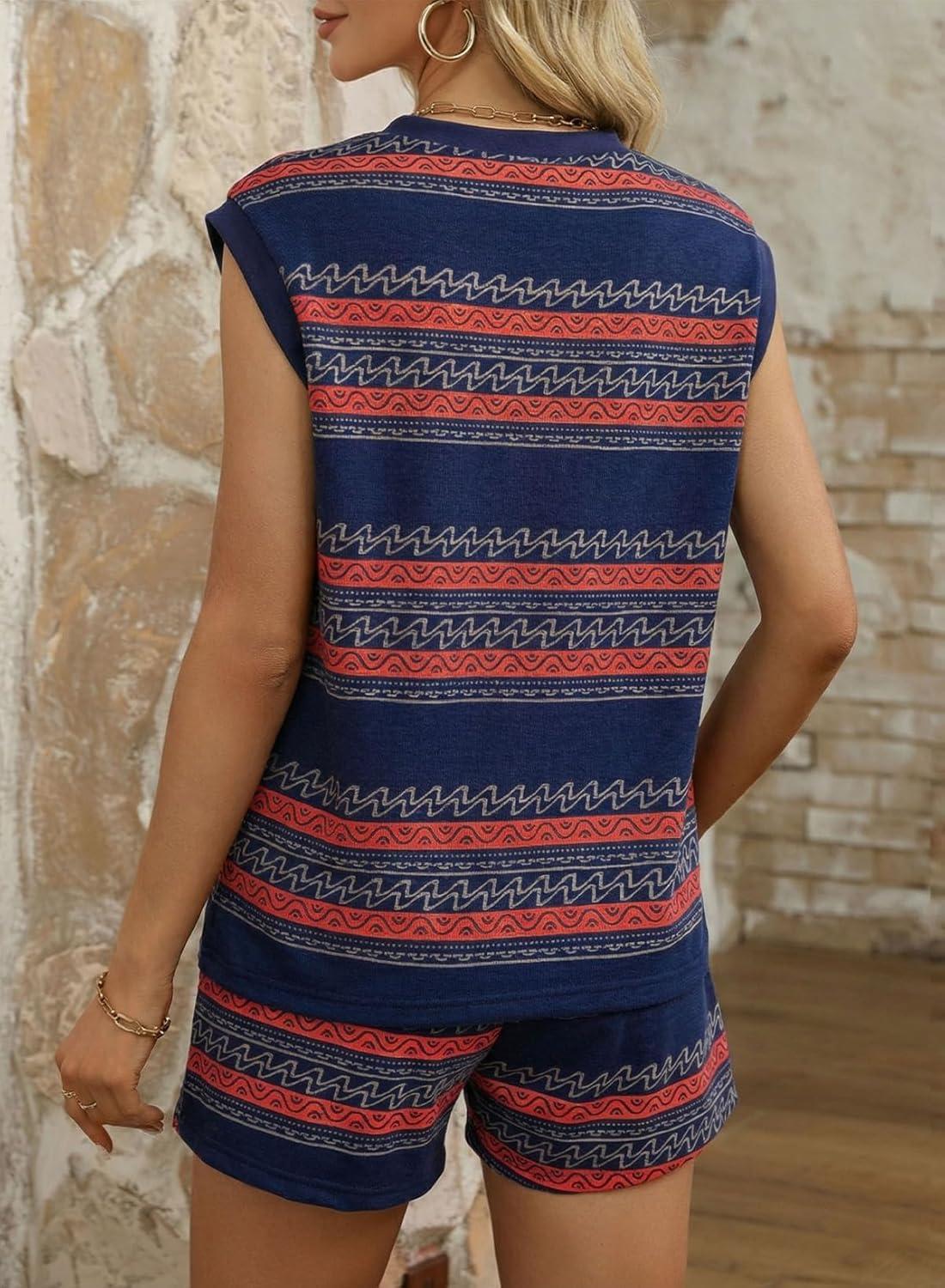 imageDokotoo 2 Piece Sets for Women Summer V Neck Sleeveless Top Tie Waist Shorts Striped Casual Outfits with PocketsBlue Stripe