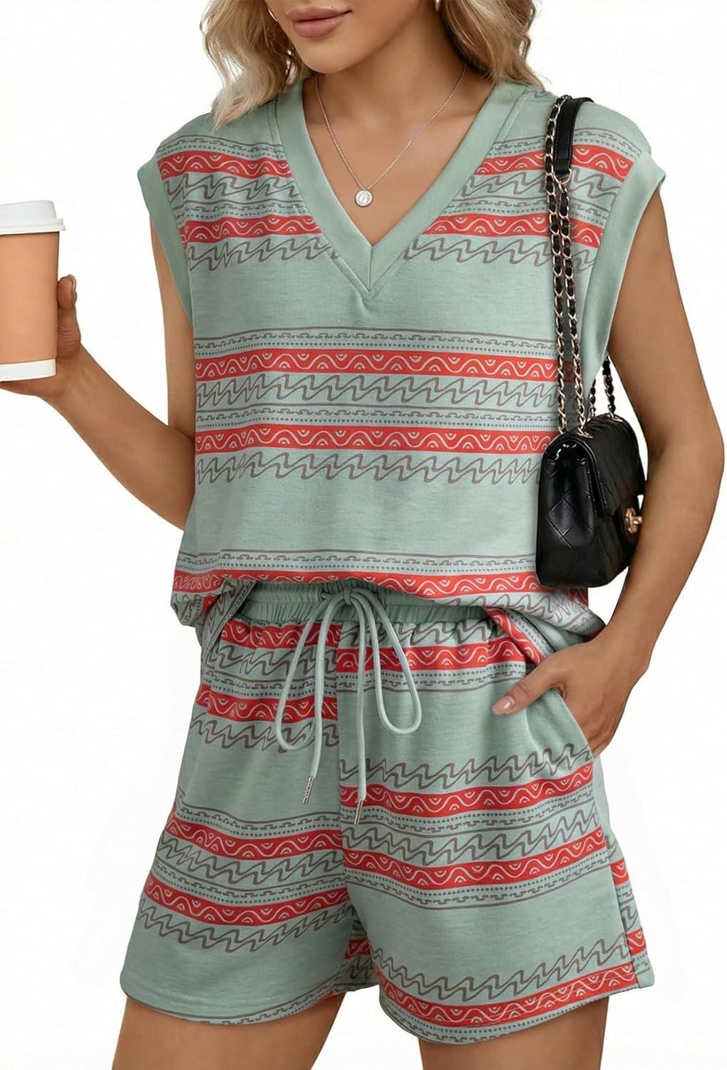 imageDokotoo 2 Piece Sets for Women Summer V Neck Sleeveless Top Tie Waist Shorts Striped Casual Outfits with PocketsGreen Stripe