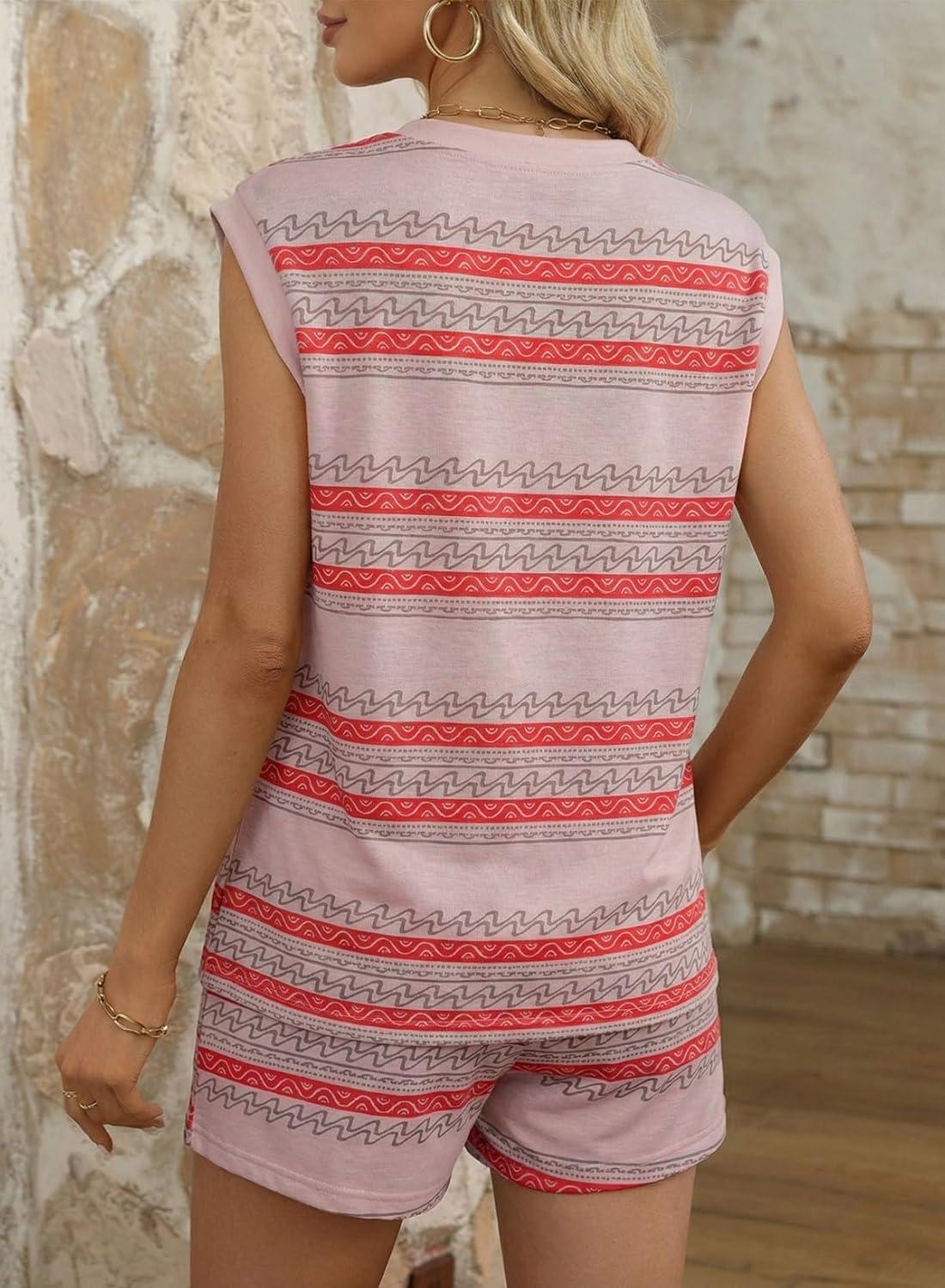 imageDokotoo 2 Piece Sets for Women Summer V Neck Sleeveless Top Tie Waist Shorts Striped Casual Outfits with PocketsPink Stripe