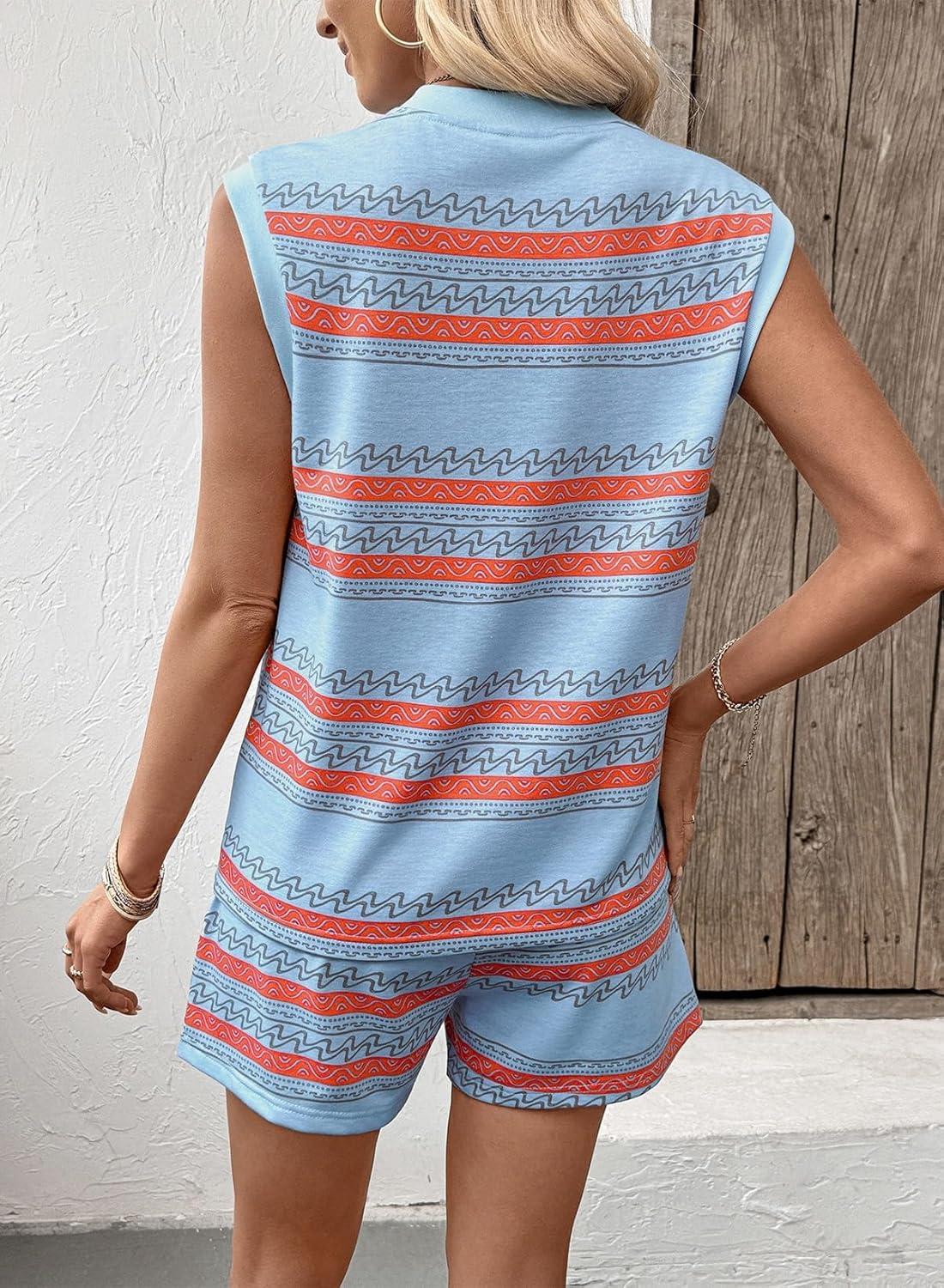 imageDokotoo 2 Piece Sets for Women Summer V Neck Sleeveless Top Tie Waist Shorts Striped Casual Outfits with PocketsSky Blue Stripe