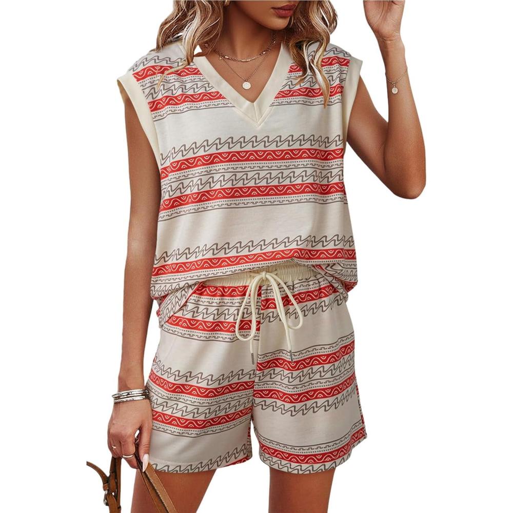 imageDokotoo 2 Piece Sets for Women Summer V Neck Sleeveless Top Tie Waist Shorts Striped Casual Outfits with PocketsApricot Stripe