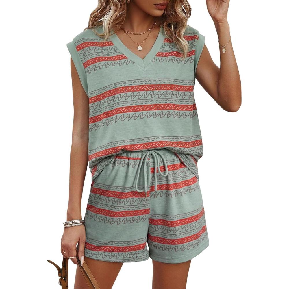 imageDokotoo 2 Piece Sets for Women Summer V Neck Sleeveless Top Tie Waist Shorts Striped Casual Outfits with PocketsGreen Stripe