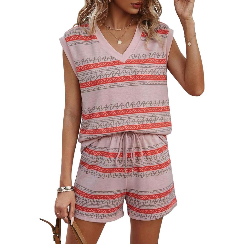 imageDokotoo 2 Piece Sets for Women Summer V Neck Sleeveless Top Tie Waist Shorts Striped Casual Outfits with PocketsPink Stripe