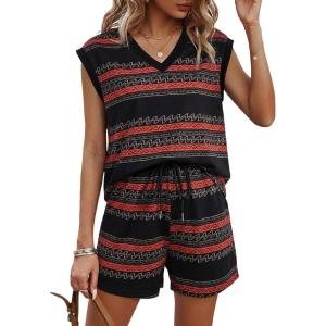 imageDokotoo 2 Piece Sets for Women Summer V Neck Sleeveless Top Tie Waist Shorts Striped Casual Outfits with PocketsBlack Stripe