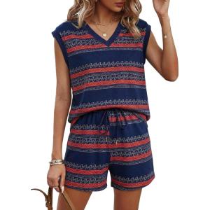 imageDokotoo 2 Piece Sets for Women Summer V Neck Sleeveless Top Tie Waist Shorts Striped Casual Outfits with PocketsBlue Stripe