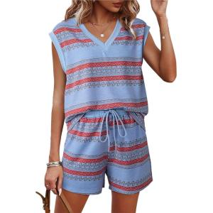 imageDokotoo 2 Piece Sets for Women Summer V Neck Sleeveless Top Tie Waist Shorts Striped Casual Outfits with PocketsSky Blue Stripe