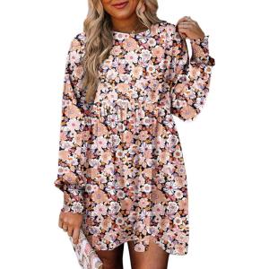 imageDokotoo Casual Dresses for Women Flowy Boho Floral Long Sleeve Empire Waist Babydoll Mini DressBlack