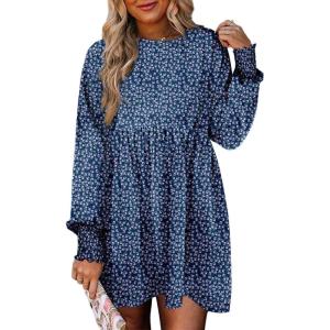 imageDokotoo Casual Dresses for Women Flowy Boho Floral Long Sleeve Empire Waist Babydoll Mini DressBlue