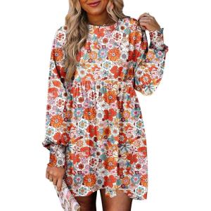 imageDokotoo Casual Dresses for Women Flowy Boho Floral Long Sleeve Empire Waist Babydoll Mini DressFloralorange