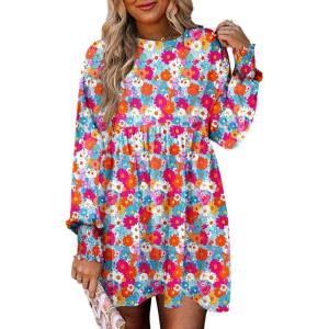 imageDokotoo Casual Dresses for Women Flowy Boho Floral Long Sleeve Empire Waist Babydoll Mini DressFloralsky Blue